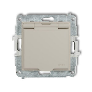 MINI Mechanizm gniazda bryzgoszczelnego z uziemieniem 2P+Z (klapka biały mat, przesłony torów prądowych) taupe 60IGPB-1zp