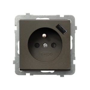 SONATA Gniazdo pojedyncze z uziemieniem z przesłonami torów prądowych, z ładowarką USB A+C czekoladowy metalik GP-1RZPUSBAC/m/40