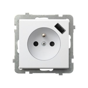 SONATA Gniazdo pojedyncze z uziemieniem z przesłonami torów prądowych, z ładowarką USB biały mat GP-1RZPUSB/m/75